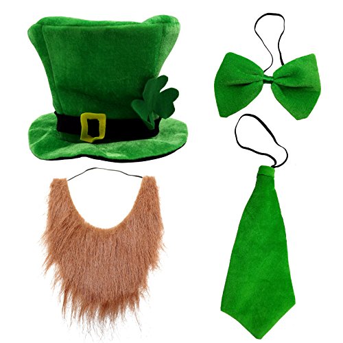 CreepyParty St. Patrick's Day Party Costume Suit Hat, Bow, Bow Tie, Beard, Scarf (Hat, Beard, Tie, Bow tie)