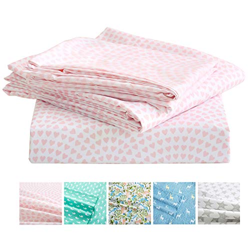 Vonty Kids Bed Sheets Full Pink Heart Printed Sheets for Girls, Soft Lightweight Microfiber Easy Wash Bedding Set (1 Fitted Sheet + 1 Flat Sheet + 2 Pillowcase)