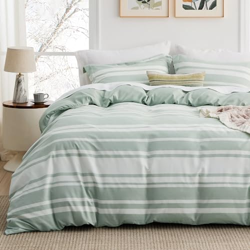 Bedsure King Duvet Cover Sage Green Striped - Super Soft Cationic Dyed Duvet Cover for Kids with Zipper Closure, 3 Pieces, Includes 1 Reversible Duvet Cover (104'x90') & 2 Pillow Shams, NO Comforter