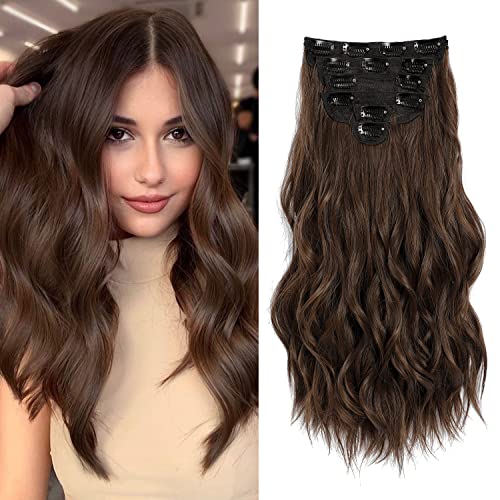 Fliace Clip in Hair Extensions, Natural & Soft Hair & Blends Well Light Brown Hair Extensions, Long Wavy Hairpieces(20inch, 6pcs, Chocolate Brown)