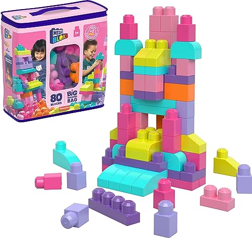 MEGA BLOKS Fisher-Price Toddler Block Toys, Big Building Bag with 80 Pieces and Storage Bag, Pink, Gift Ideas for Kids Age 1+ Years