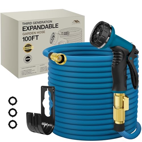 Lefree Garden Hose, Expandable Garden Hose 100ft With Nozzle & Holder, Retractable Water Hose Lightweight No-Kink Leak-Proof for Gardening Watering Cleaning (Blue)
