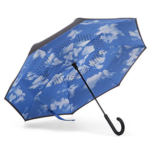 Totes InBrella - Reverse Close Umbrella with Invisible Water Repellent Coating - Auto Close, Inverted, Dripless, and Stormproof for Rainy Weather