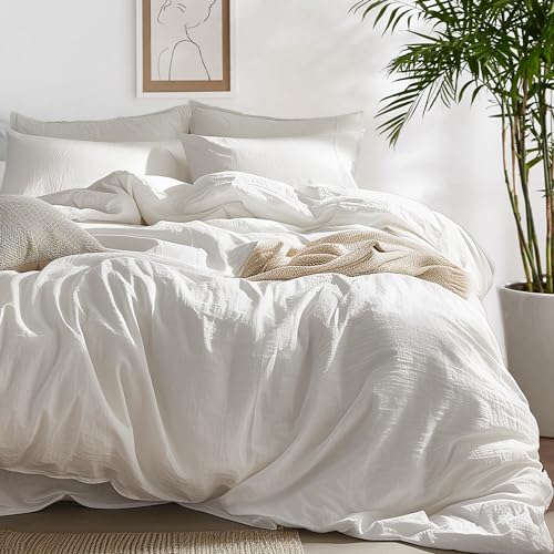 Bedsure 100% Washed Cotton Duvet Cover Queen Size - Natural White Minimalist Duvet Cover for All Seasons - 3 Pieces Plain Simple Cotton Duvet Cover Set with 2 Pillow Shams (White, Queen, 90'x90')