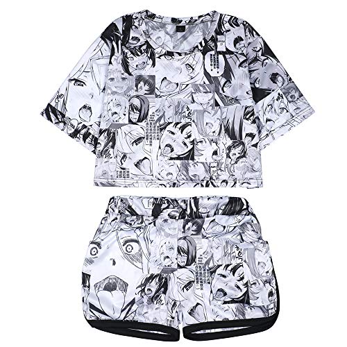 Quker Bean Women's Ahegao Face Print 2 Piece Outfits Crop Top and Shorts Pajamas Set XS-2XL (2XL) Gray