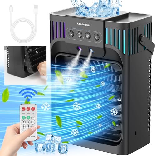 Portable Air Conditioners,1200ML Cooling fan Air Conditioner with Remote,3 Wind Speed & 7 LED Light,3 Cool Mist& 2-8H Timer, Removable Personal Air Conditioner Evaporative Air Cooler for Room/Office