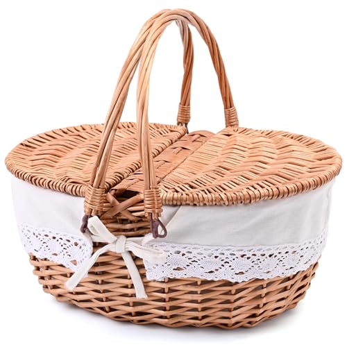 Large 15.4' Wicker Picnic Basket with Removable Liner Empty Picnic Baskets with Lid, Picnic Hamper with Foldable Handles for Picnic, Natural Color