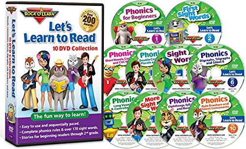 Let’s Learn to Read 10 DVD Collection by Rock ‘N Learn (170 sight words, covers all phonics rules, vowels, consonants, blends, digraphs, practice sections to build reading fluency, 80 downloadable worksheets and more.)