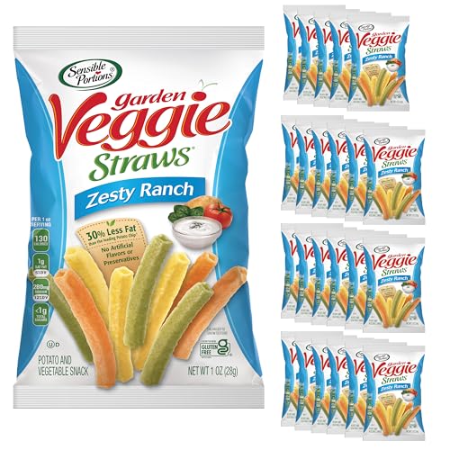Sensible Portions Veggie Straws, Zesty Ranch Flavor, Gluten-Free Chips, Individual Snacks, 1 Ounce Bag, 24-Pack
