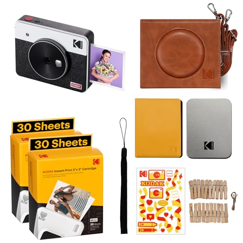 KODAK Mini Shot 3 Retro 4PASS 2-in-1 Instant Digital Camera and Photo Printer (3x3 inches) + 68 Sheets Gift Bundle, White (NOT Zink)