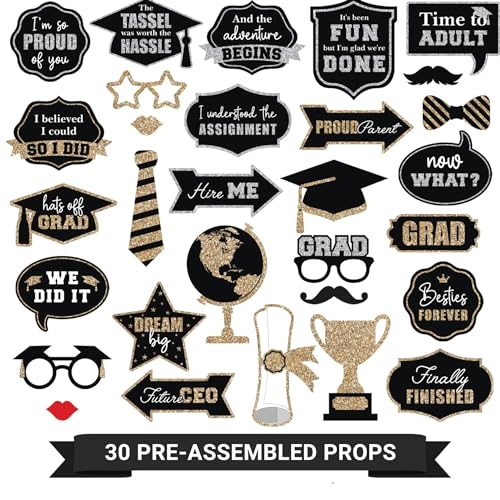 Fully Assembled Graduation Photo Booth Props - Set of 30 - Class of 2024 Graduation Selfie Signs - Congrats Grad Party Supplies & Decorations - With Real Gold & Silver Glitter - Did we mention no DIY?