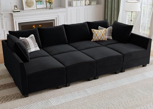 HONBAY Modular Sectional Sleeper Sofa Velvet Sectional Sleeper Couch with Storage Seats Oversized Sectional for Living Room,Black