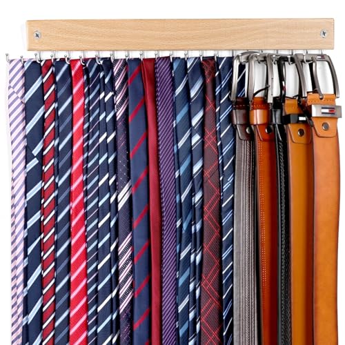 Tie Rack Wall Mounted, 360°Rotating Tie Hanger Belt Organizer Max 20 Storage for Belt, Ties, Purse, Scarves, Tank Top, Hats, Medals Natural Wood Non-Slip for Door, Wall, Closet
