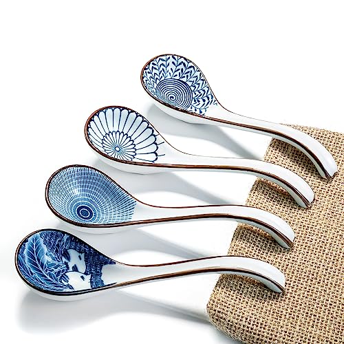 DAHO GOMSU Asian Ceramic Soup Spoon, with Long Handle Easy to Hold, Non-slip Bottom, for Japanese Ramen, Chinese and Vietnamese Wonton, Noodle Soup Spoons (V86)