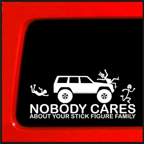 Sticker Connection | Stick Figure Family Sticker for Jeep Cherokee | Stick Figure Family Nobody Cares Funny Truck White Decal Bumper Sticker Decal 3.7'x8' (White)