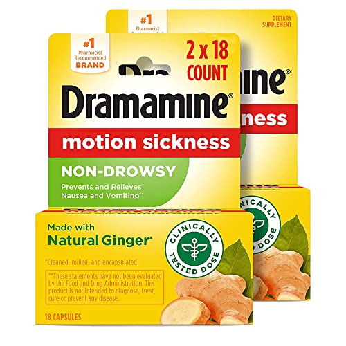Dramamine Non-Drowsy, Motion Sickness Relief, Made with Natural Ginger, 18 Count, 2 Pack