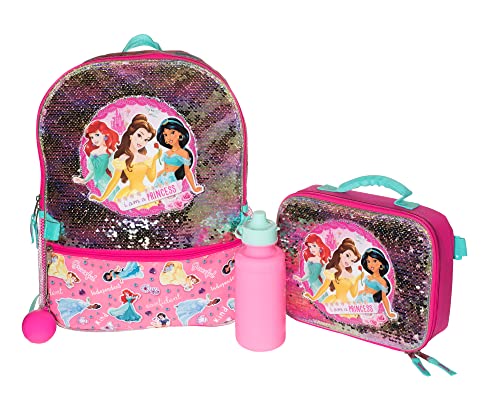 Disney Princess 4 Piece Backpack Set, Flip Sequin 16' School Bag for Girls with Front Zip Pocket, Pink