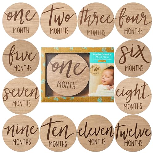 Kate & Milo Baby Monthly Milestone Marker Discs, Reversible Photo Props, Baby Growth and Pregnancy Growth Cards, 1-12 Months, Gender-Neutral Gift, Classic Cursive Script Wooden Discs