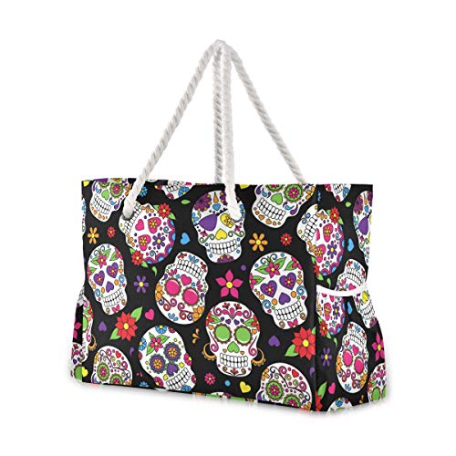 ALAZA Beach Bag, Day of the Dead Sugar Skull Halloween Travel Tote Bags for Camping, Exercise