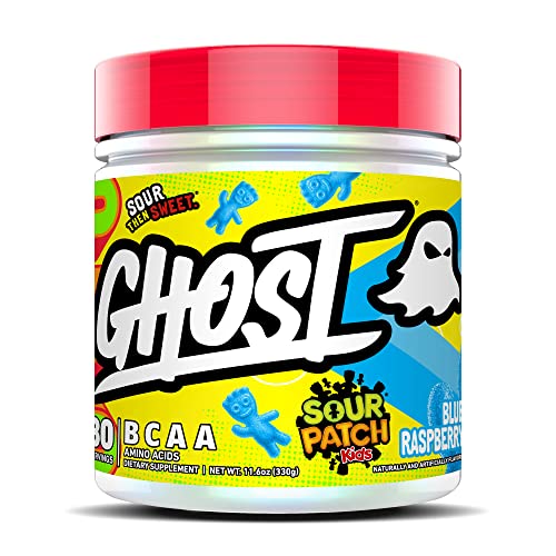 GHOST BCAA Powder Amino Acids Supplement, Sour Patch Kids Blue Raspberry - 30 Servings - Sugar-Free Intra, Post & Pre Workout Amino Powder & Recovery Drink, 7G BCAA
