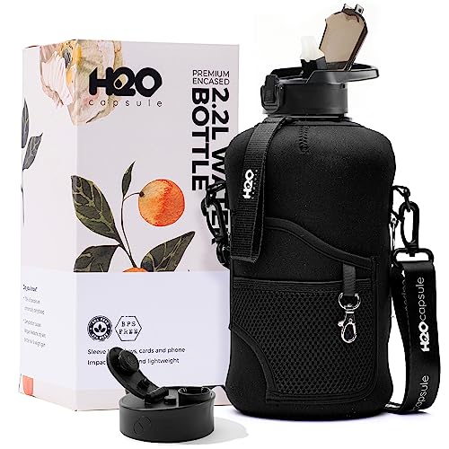 H2O Capsule 2.2L Half Gallon Water Bottle with Storage Sleeve and Removable Straw – BPA Free Large Reusable Drink Container with Handle - Big Sports Jug, 2.2 Liter (74 Ounce), Jet Black
