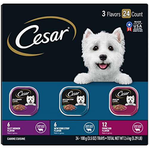CESAR Filets in Gravy Adult Wet Dog Food, Filet Mignon, New York Strip and Prime Rib Flavors Variety Pack, 3.5 oz. Easy Peel Trays, Pack of 24