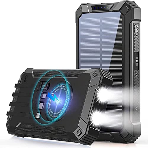 GOODaaa Power Bank Wireless Charger 36000mAh Built in 4 Cables Six Outputs 15W Fast Charging Power Bank for All Mobile Devices Three Inputs Solar Portable Charger with Dual Flashlights, Carabiner