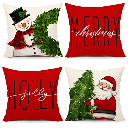 Red Christmas Pillow Covers 18x18 Set of 4 Farmhouse Christmas Decorations Snowman Wreath Santa Claus Tree Merry Christmas Holly Jolly Winter Holiday Decor Throw Cushion Case for Home Couch S22C17