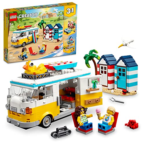 LEGO Creator 3 in 1 Beach Camper Van Building Kit, Transforms from a Campervan to Ice Cream Shop to Beach House, Great Gift for Surfer Boys and Girls, Pretend Play Beach Life, 31138