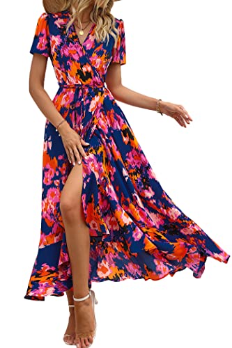 PRETTYGARDEN Women's Summer Wrap Maxi Dress Casual Boho Floral V Neck Short Sleeve Ruffle Hem Split Beach Long Dresses (Blue Orange Floral,Large)
