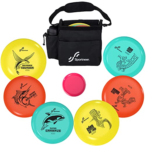 Sportneer Disc Golf Set, Disc Golf Starter Set with 2 Pcs Putter, 2 Pcs Mid Range, 2 Pcs Driver, 1 Pcs Mini Disc Marker, Include Disc Golf Bag for Beginner Professional Outdoor and Backyard