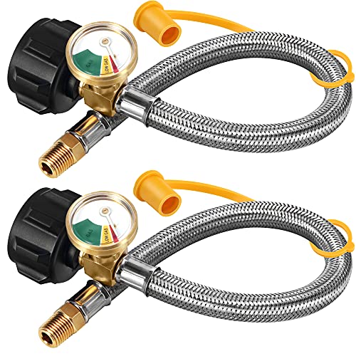 LONGADS 15 inch (Packs of 2) RV Propane Hoses with Gauge, Stainless Steel Braided Camper Tank Hose,Rv lp Gas Hoses Connector for Standard Two-Stage Regulator, 40Lb 250PSI, NPT /QCC1 Fittings