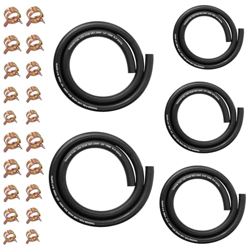 Tnisesm 5 Size Fuel Line Hose - 3/8' 1/2' 5/16' 1/4' 3/16' ID NBR Rubber 3.3ft with 20Pcs Clamps for Small Engines Kawasaki EZGO Golf Cart Snowmobile Motorcycle ATV Tractor