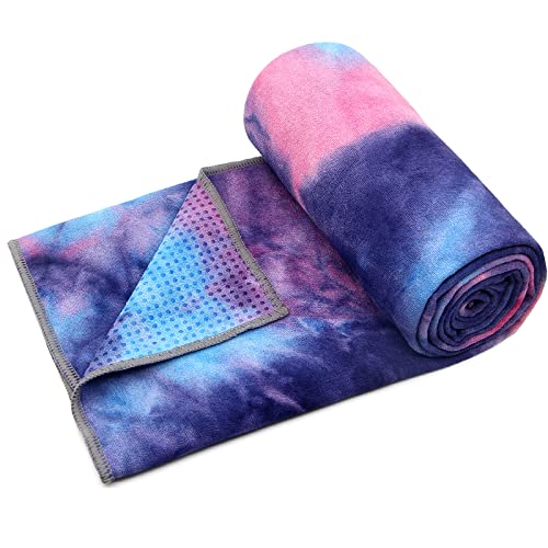 Eunzel Yoga Towel,Hot Yoga Mat Towel with Grip Dots Sweat Absorbent Non-Slip for Hot Yoga, Pilates and Workout 24' x72, Purple & Blue