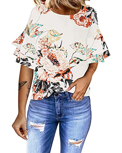 luvamia Women's Casual 3/4 Tiered Bell Sleeve Crewneck Loose Tops Blouses Shirt Women's Boho Tops Floral Pirnt Brilliant White Size Medium Size 8 Size 10