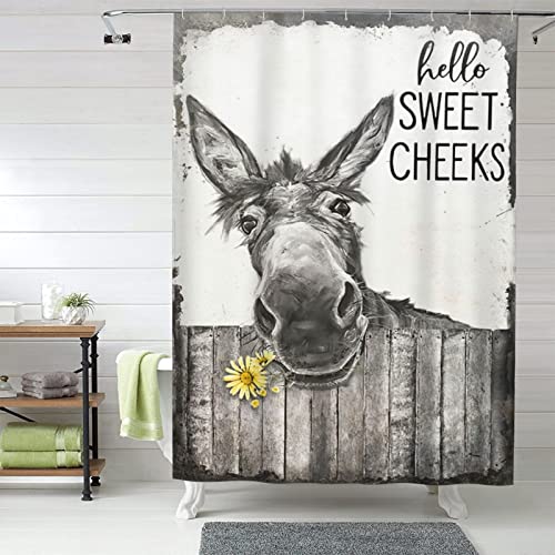 citari Funny Donkey Shower Curtain Rustic Floral Farmhouse Bathroom Shower Curtains Black and White Cute Animal Modern Polyester Fabric Waterproof 12 Pack Plastic Hooks 60 x 72 Inch