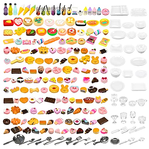 200pcs Miniature Landscape Food Drinks Bottle Mini Toys Doll House Kitchen Play Resin Dollhouse Accessories for Adults Teenagers Cooking Game Hamburger Ice Cream Cake Bread Tableware Party