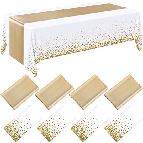 Breling 8 Pack White and Gold Disposable Plastic Tablecloths and Satin Table Runner Set, 54 x 108 Inch Tablecloth, 12 x 108 Inch Table Runners for Wedding Graduation Birthday Baby Shower