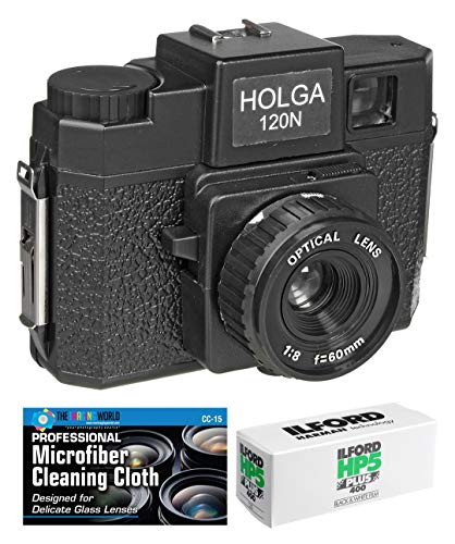 Holga 120N Medium Format Film Camera (Black) with Ilford HP5 120 Film Bundle and Microfiber Cloth
