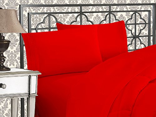 Elegant Comfort Luxurious 1500 Premium Hotel Quality Microfiber Three Line Embroidered Softest 4-Piece Bed Sheet Set, Wrinkle and Fade Resistant, Queen, Red