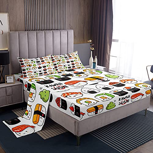 Sushi Bed Sheets Twin Size, Cartoon Kawaii Decor Sheet Set for Kids Boys Girls, Cute Sushi Pattern Bedding Set, Japanese Style Sea Animal Fitted Sheet, 1 Flat Sheet, 1 Fitted Sheet, 1 Pillowcase