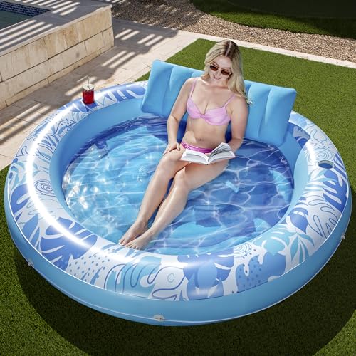 Sloosh Tanning Pool Lounger Float, Luxury Fabric Large Pool Floats Inflatable Lake Float IHeavy Duty Suntan Tub for Lake, Outdoor, Backyard, Swimming Pool, Blue