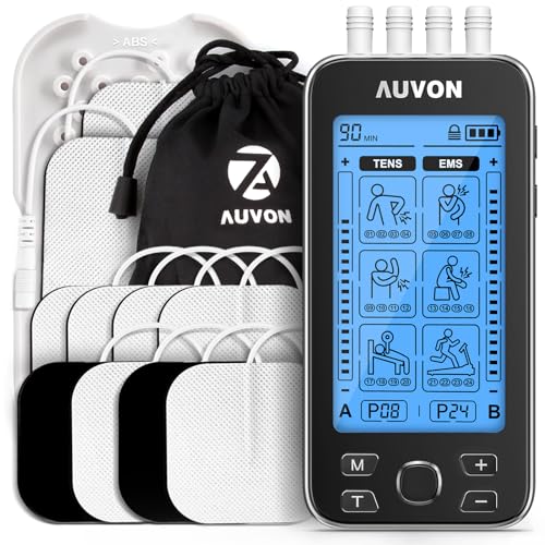 AUVON 4 Outputs TENS Unit EMS Muscle Stimulator Machine for Pain Relief Therapy with 24 Modes Electric Pulse Massager, 2' and 2'x4' Electrodes Pads (Black)