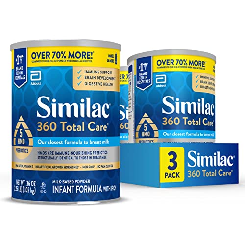 Similac 360 Total Care Infant Formula, Has 5 HMO Prebiotics, Our Closest Prebiotic Blend to Breast Milk, Non-GMO,‡ Baby Formula Powder, 36-oz Value Can, Pack of 3