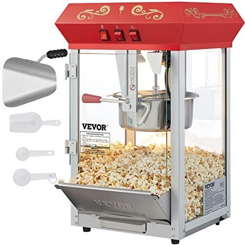 VEVOR Commercial Popcorn Machine, 8 Oz Kettle, 850 W Countertop Popcorn Maker for 48 Cups per Batch, Theater Style Popper with 3-Switch Control Steel Frame Tempered Glass Doors 2 Scoops 2 Spoons, Red