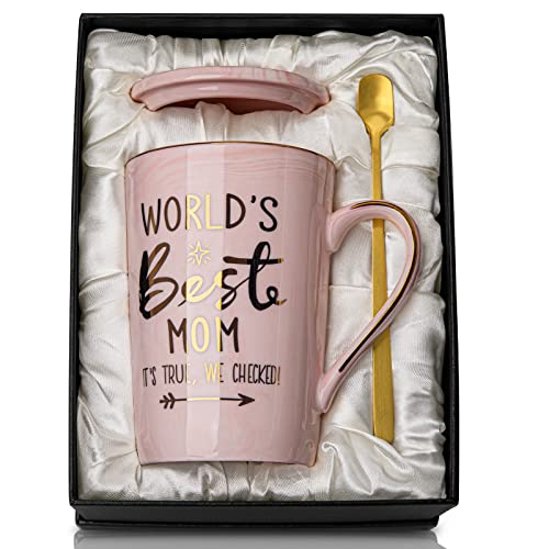 ALBISS Mothers Day Gifts for Mom from Daughter Son Kids - World's Best Mom - Funny Mom Mug with Gold, Mom Birthday Presents for Mom, 14oz Pink Marble Ceramic Coffee Cup with Lid Cards, Nice Gift Boxed