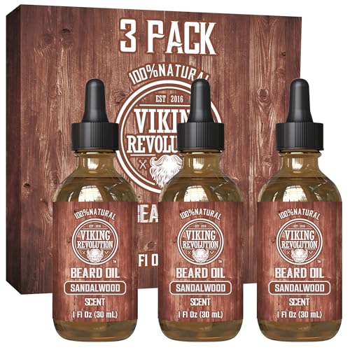 Viking Revolution Sandalwood Beard Oil for Men - Natural Mens Beard Oil with Argan Oil and Jojoba Oil - Beard Softener, Strengthens and Moisturizes - Beard Conditioner for Men (Sandalwood, 3 Pack)