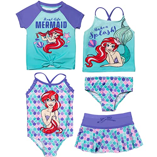 Disney Princess Ariel Little Girls One Piece Bathing Suit Bikini Top Rash Guard Swim Skirt Modest Swimsuit and Bottom 5-6