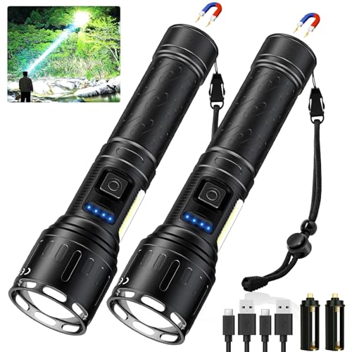 Rechargeable Magnetic Flashlights High Lumens, 100000 Lumens Super Bright LED Powerful Flashlight 8 Modes with COB Work Light, IPX7 Waterproof Small Handheld Flash Light for Emergency Camping