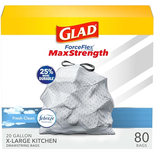 Glad Trash Bags, ForceFlexPlus XL X-Large Kitchen Drawstring Garbage Bags - 20 Gallon Grey Trash Bag, Fresh Clean with Febreze Freshness 80 Count (Package May Vary)
